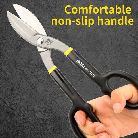 Heavy Duty Tin Snips 12 Inch Straight Cut Metal Shears With Drop Forged Carbon Steel Blade And Comfortable Rubber Dipped Handle