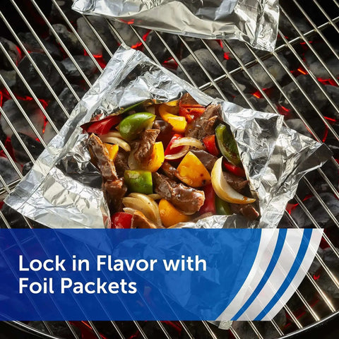 Everyday Strength Aluminum Foil Roll 75 Feet Long By 12 Inches Wide 75 Square Feet Heavy Duty Kitchen Wrap on grill with veggies