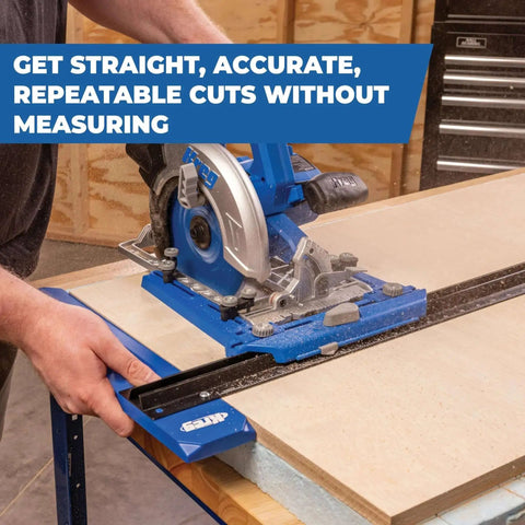 Rip Cut Circular Saw Guide For Precise Edge Guided Cuts On Regular Side Blade Saws Corded Or Cordless Converts Your Saw Into A Pro Level Guided Cutting Tool With A Secure Clamp Sled Universal Fit For Woodworking By Kreg KMA2400 in use on wood.
