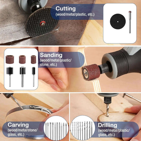 All Purpose Rotary Tool Accessories Kit with 476 Pieces for Cutting, Sanding, Carving, Drilling shown in use on various materials