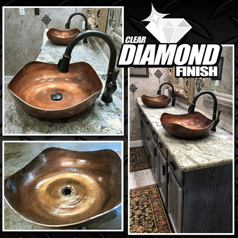 Copper bathroom sink coated with DiamondFinish Watercolor Clear Coat 1 Quart Scratch Resistant Single Part on marble counter