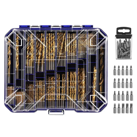 276 Piece Titanium Twist Drill Bit Set With S2 Bits 135 Degree Tip High Speed Steel Heavy Duty From 1/16 To 1/2 Inch For Wood Metal Aluminum Plastic Fiberglass In Clear Lid Case, showing clear case with drill bits and S2 bits