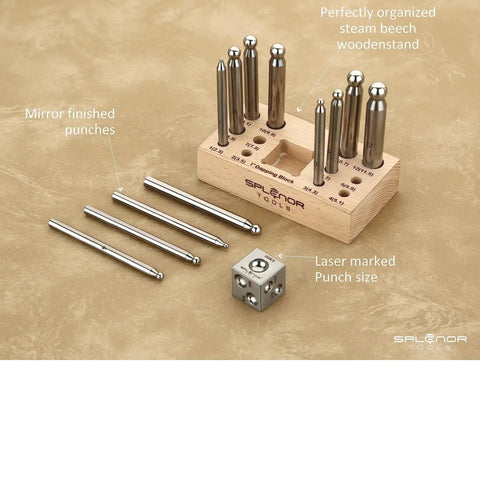1 Inch Square Dapping Block With 12 Dapping Punches Set For Jewelry Making Pro Grade Steel Doming Die Kit on wooden stand