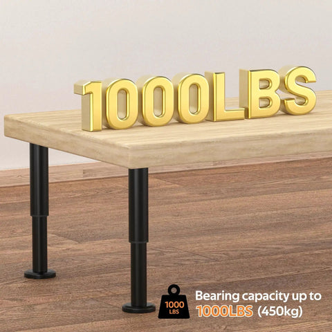 Table with Six Pack Adjustable Height Bed Support Legs 7.08 to 12.2 Inches Heavy Duty Metal holding 1000lbs weight.