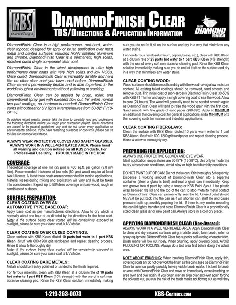 Instruction sheet for DiamondFinish Clear High Gloss Aerosol Coating for Steel and Aluminum Surfaces