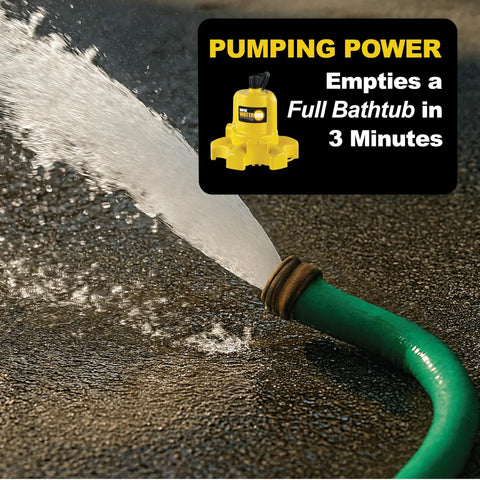 WAYNE WaterBUG 1/6 HP yellow submersible pump with 1350 GPH, connected to a green hose draining water on wet pavement
