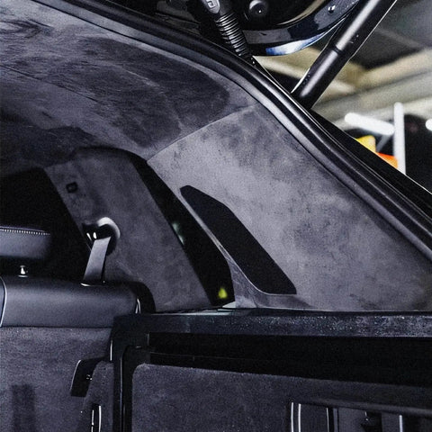 Installed Suede Auto Headliner Fabric 98 x 60 With Foam Backing For Black Interior in vehicle, showing black suede finish.