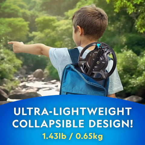 Child with backpack carrying Kids Metal Detector Starter Kit For Treasure Hunting With 7.4 Inch Waterproof Coil, Lightweight Beach Detector For Beginners, Includes Trowel, Perfect Gift For Boys And Girls National Geographic, outdoor setting