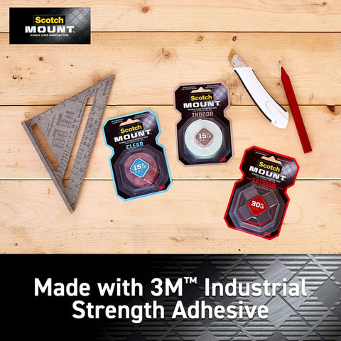Three types of Scotch Mount double-sided tape with 3M industrial strength adhesive on a wooden surface next to a cutting tool and pencil.