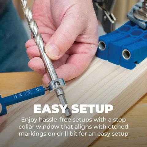 Easy Set Pocket Hole Drill Bit With Stop Collar And Thickness Gauge Built In Hex Wrench For Quick And Spot On Pocket Hole Setups In Woodworking Projects And Furniture Making By Kreg being held by a hand over a wooden board, showing stop collar and gauge.