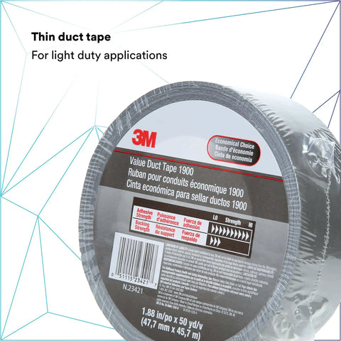 Image of Value Duct Tape 1900 Single Roll, Silver Thin Cloth-Backed Film with High-Tack Synthetic Rubber Adhesive on white background.