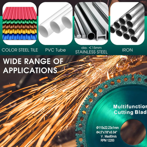 5 Pack 4.5 Inch Indestructible Grinding Discs For Angle Grinder With 7/8 Inch Arbor 2.0 Go-To Cutting Discs showing cutting applications
