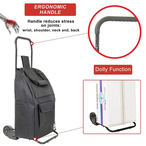 Foldable Grocery Cart On Wheels With Removable Tote Bag And Storage Pockets, Hand Truck Dolly Function, Black