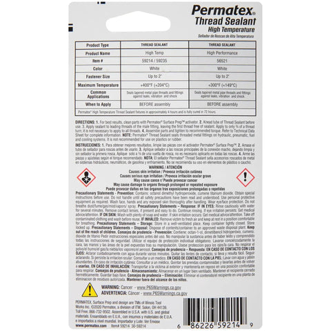 Back of packaging for Permatex High Temperature Thread Sealant showing product details and instructions.