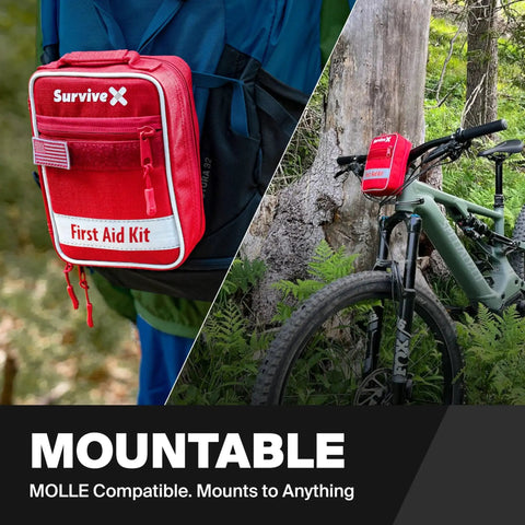 Compact First Aid Kit For Car, Travel And Home With Zip Stitch Wound Closure Strips attached to backpack and bike, MOLLE compatible.