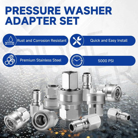 Three Eighths Inch Pressure Washer Quick Connect Kit Pro Grade Stainless Steel Fittings 12 Piece Set With Female NPT Threads For Up To 5000 PSI Power Washers Durable Rust Resistant Construction For Outdoor Use