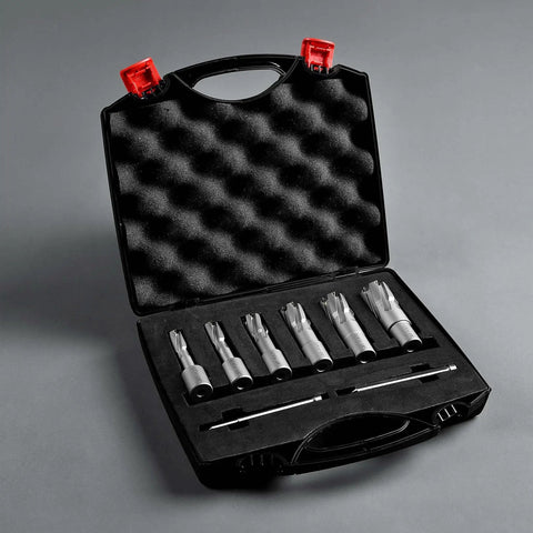 Carbide Annular Cutter Set For Drill Press By JESTUOUS 8 Piece Weldon Shank Three Quarters Inch Cutting Diameter And One And Three Eighths Inch Cutting Depth From One Half Inch To One And One Sixteenth Inches With Two Flat TCT Bits And Pilot Pins, displayed in foam-lined case.