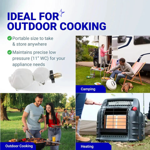 Two Stage Propane Regulator With POL Connection For RVs And Campers, ideal for outdoor cooking and heating scenes with people.