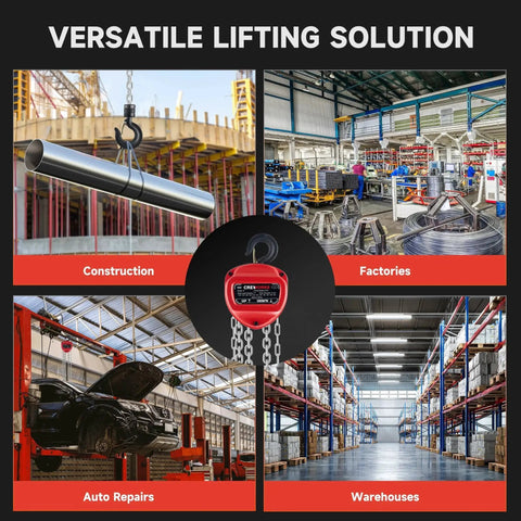 1 Ton Hand Chain Hoist With 20 Ft Lift G80 Chain And Double Guide Wheels used in construction, factory, auto repair, warehouse.