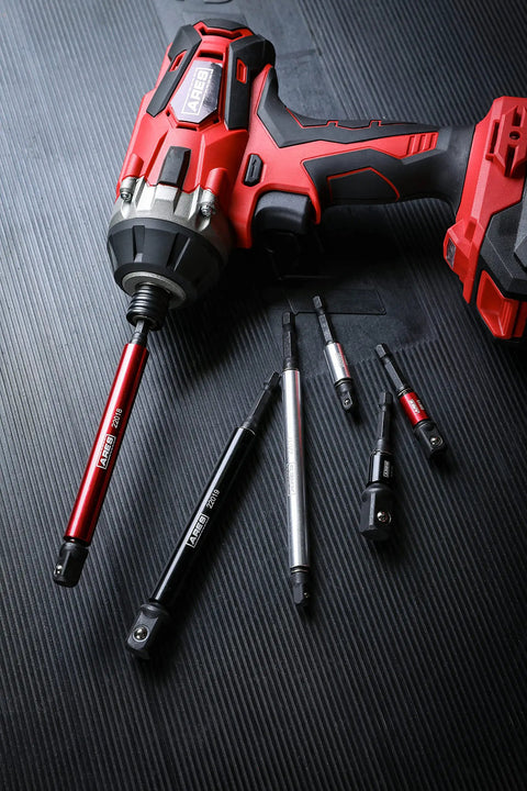 ARES 6-piece impact socket adapters with color sleeves for 1/4, 3/8, 1/2 in drives, shown with red cordless drill.