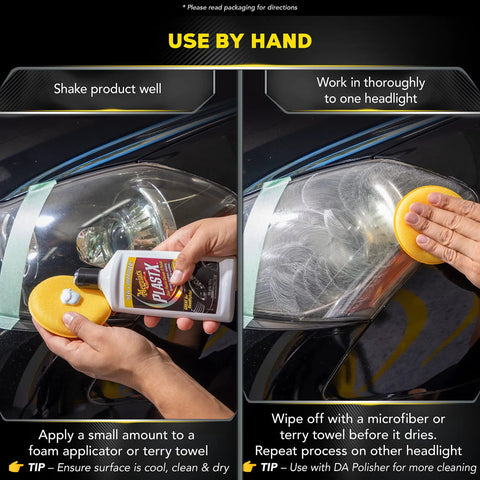 Hand application instructions for Meguiars PlastX G12310C Plastic Clear Cleaner And Polish For Cars That Wipes Out Yellowing Cloudiness And Scratches Restores Headlight Clarity.