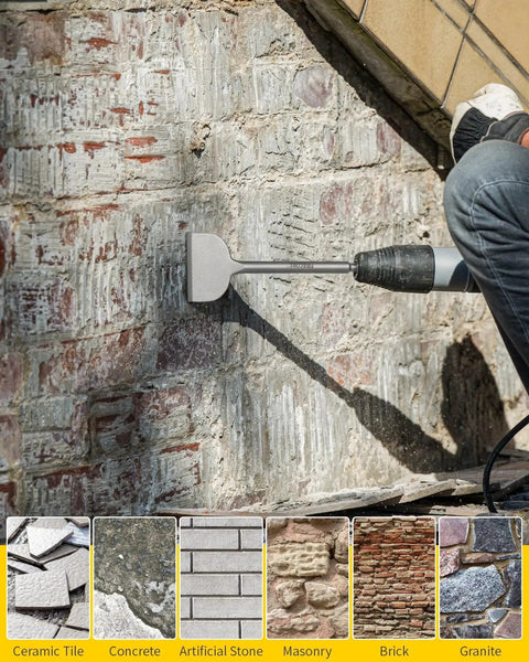 Person using rotary hammer drill with Alloy Steel 4 Piece SDS Plus Chisel Set for tile removal on masonry surface.