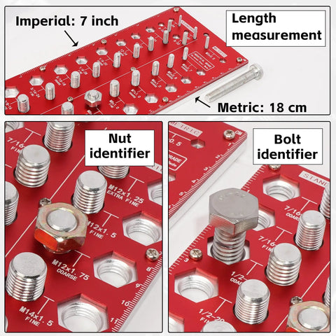 Thread Checker Nut And Bolt Size Gauge For Quick ID Of 38 Thread Sizes In Metric And Imperial With Red Handle Covers M3x0.5 To M16x2.0 And No 2-56 To 5/8-18 Fine showing metric and imperial size measurements and identifiers.