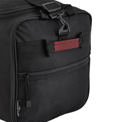 Close-up of front pocket on black Expandable 32 Inch Rolling Travel Duffel Bag in Red by Travelers Club with handle and webbing straps.