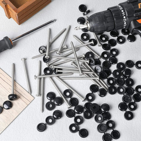 50 Pack Number 10 Two And Three Quarters Inch Shutter Screws With Black Caps Self Tapping Pan Head Phillips Wood Fasteners displayed.