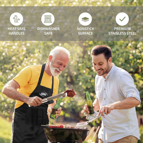 Two men grilling with 21 Piece Heavy Duty Stainless Steel BBQ Tool Set With Apron And Aluminum Case, enjoying a sunny cookout.