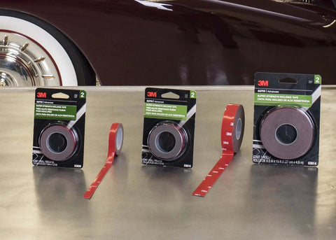 Super Strength Automotive Tape 03609 - 1/2 in x 5 ft single roll, VHB-grade adhesive, displayed on a metallic table with red packaging.
