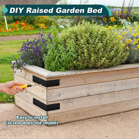Heavy Duty 4x4x2 L Brackets 2mm Steel Black Powder Coated 90 Degree for Wood installed on wooden garden bed.