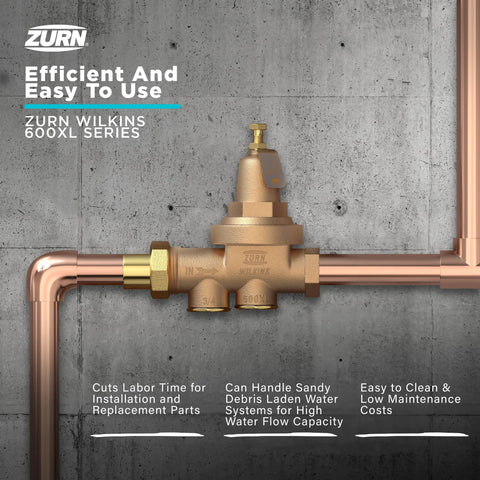 Zurn Wilkins 2-inch 600XL pressure reducing valve with bronze body mounted on copper piping