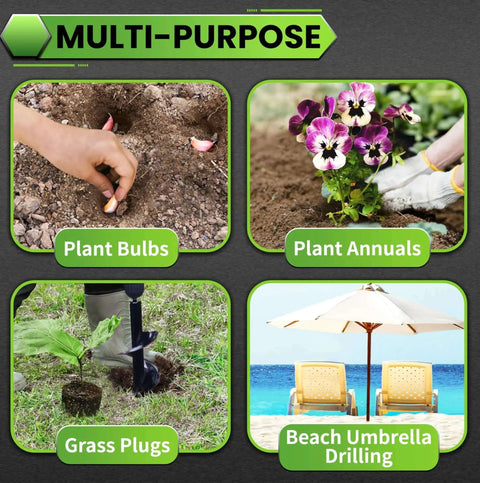 Collage showing uses of garden auger drill bit: planting bulbs, annuals, grass plugs, and beach umbrella drilling.