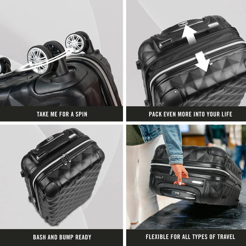 Diamond Tower Collection Lightweight Hardside Luggage With Expandable Two Inch Space Eight Wheel Spinner Travel Case in Durable Diamond Textured Exterior Black 28 Inch Checked Suitcase shown in various positions.