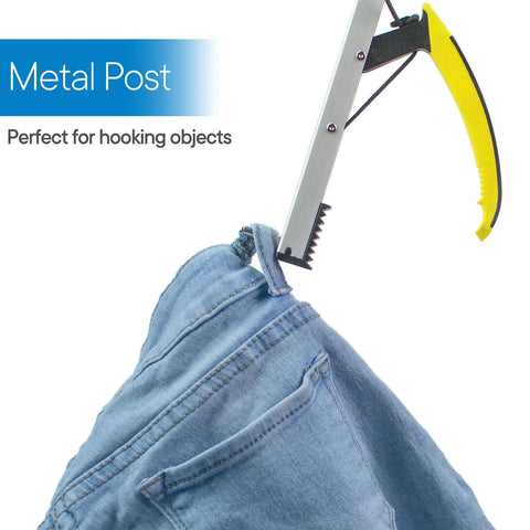 Folding 26 Inch Grabber Reacher With Ergonomic Handle For Daily Living Aids holding denim pants with metal post for hooking objects.