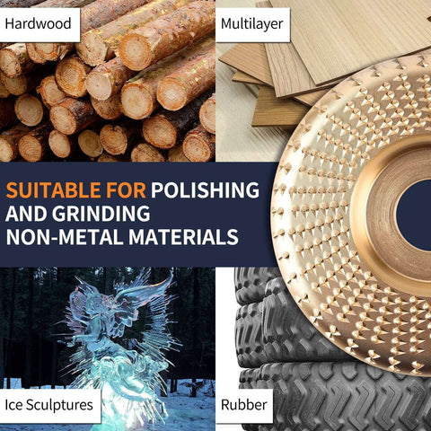 Image showing applications of a wood carving disc set: hardwood, multilayer sheets, ice sculptures, and rubber.