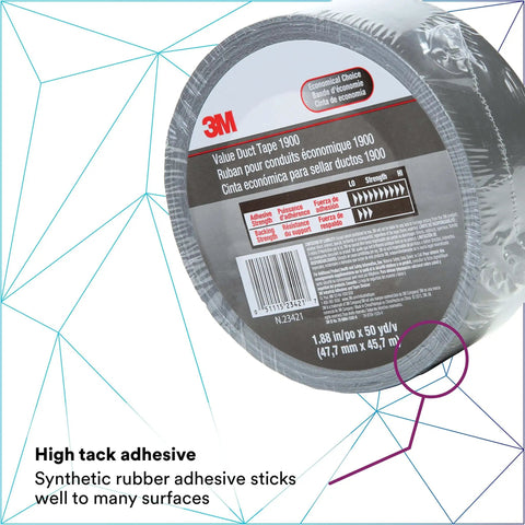Value Duct Tape 1900 Single Roll, Silver Thin Cloth-Backed Film with High-Tack Synthetic Rubber Adhesive shown in packaging