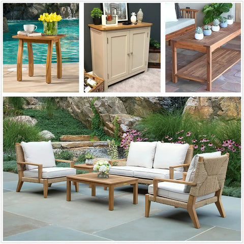 Collage of outdoor and indoor furniture including a wooden side table, cabinet, console, and patio seating set in a garden setting.
