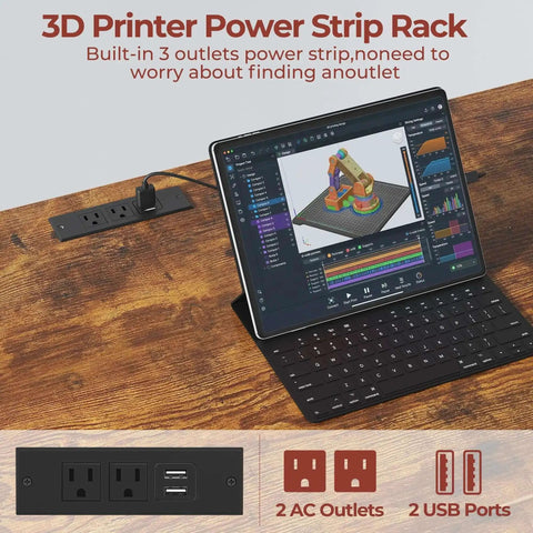 Tablet with 3D design on metal table, integrated All In One 3D Printer Workstation power strip with outlets and USB ports for workshop use.