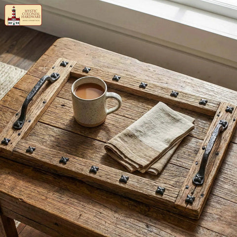 Colonial Era Solid Cast Iron Decorative Nailhead Studs For Doors, Cabinets And Furniture on rustic tray with mug and napkin