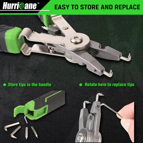 Pro Grade 8 Inch Quick Turn Snap Ring Pliers With Interchangeable Tips showing storage and tip replacement features