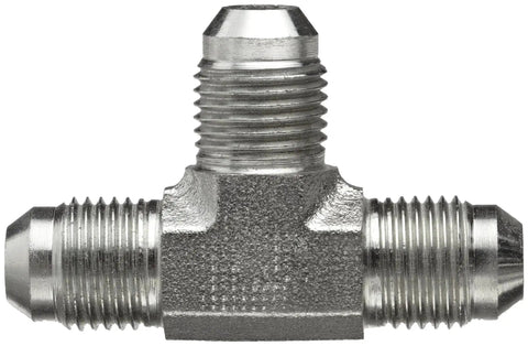 Front view of Forged Steel JIC Flared Tube Fitting Tee Three Eighths Inch Tube OD JIC Male Connector, heavy duty and rust resistant