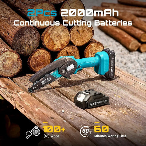 Six Inch Cordless Mini Chainsaw With Two Batteries shown on wood pile, highlighting 21V 2000mAh battery and 60 minute working time.