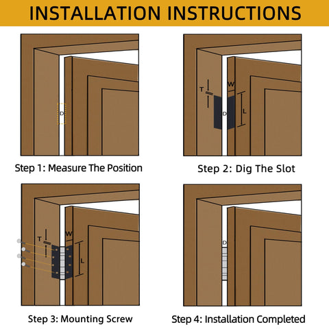 JAVOUKA 4.5x4.5 inch black stainless steel door hinge installation diagram with 4 steps