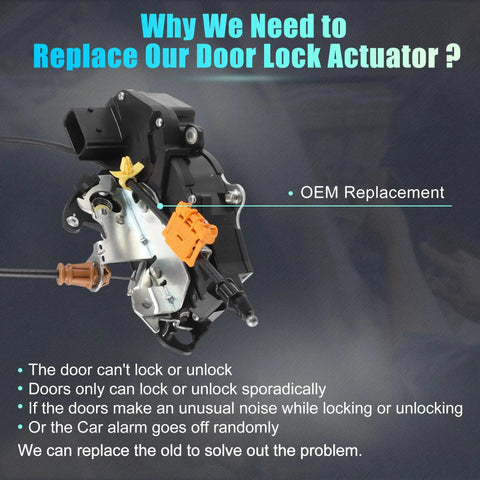 Replacement Front Left Driver Side Power Door Lock Actuator Motor With Cable For Chevy Silverado 1500 2500 3500 2010 To 2013 And GMC Sierra Suburban 2010 To 2014 Door Latch Actuator OE Number 22862026 shown with features listed.