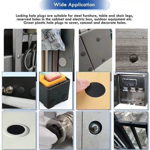 250 Piece Nylon Hole Plugs Set In 8 Sizes installed in various furniture and panel applications, showing versatility and fit.