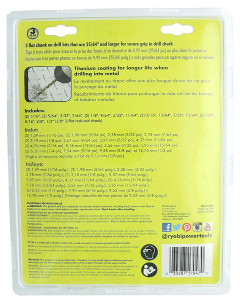 Back view of Ryobi 21 Piece Titanium Drill Bit Set packaging with included sizes and product details.