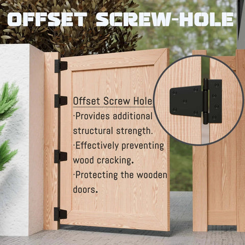 Heavy Duty 3.5 Inch Gate Hinges for Wooden Fences and Vinyl Gates with Screws Included 4 Pack installed on a wooden gate, highlighting offset screw holes.