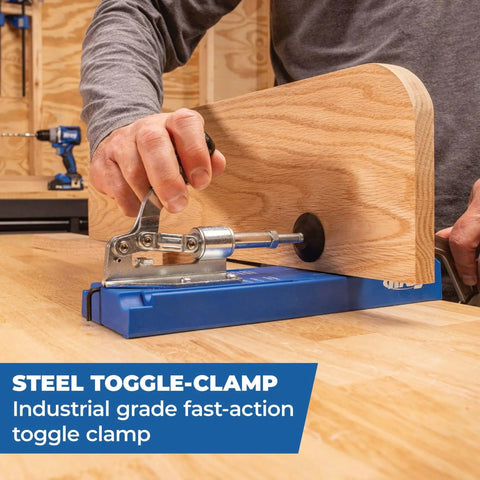 Steel toggle-clamp securing wood on Pocket Hole Jig System With R3 Jig Drilling Guide And Dust Collection Pro Grade